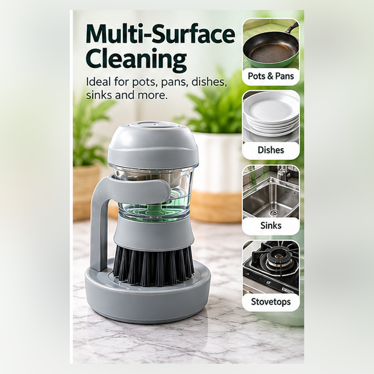 Self-Standing Soap Dispensing Dish Brush – Refillable Kitchen Scrub Brush with Holder