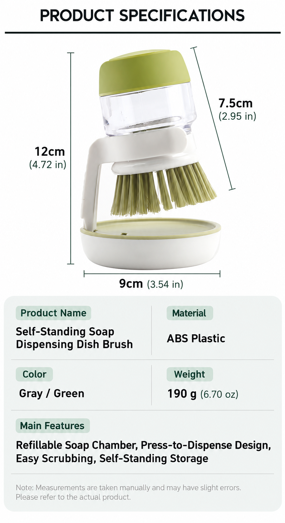 Self-Standing Soap Dispensing Dish Brush – Refillable Kitchen Scrub Brush with Holder